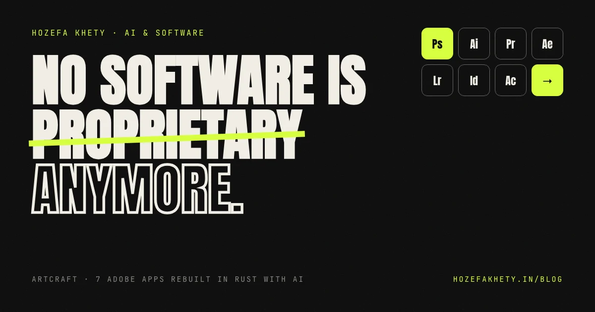 No software is proprietary anymore: the seven Adobe app icons Ps, Ai, Pr, Ae, Lr, Id and Ac, with an arrow pointing to their open-source rebuilds